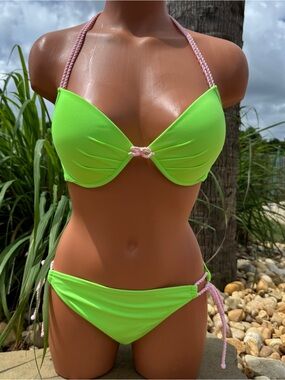 Victoria's Secret Neon Green Braided Tie Push-up Bikini 32DD & M